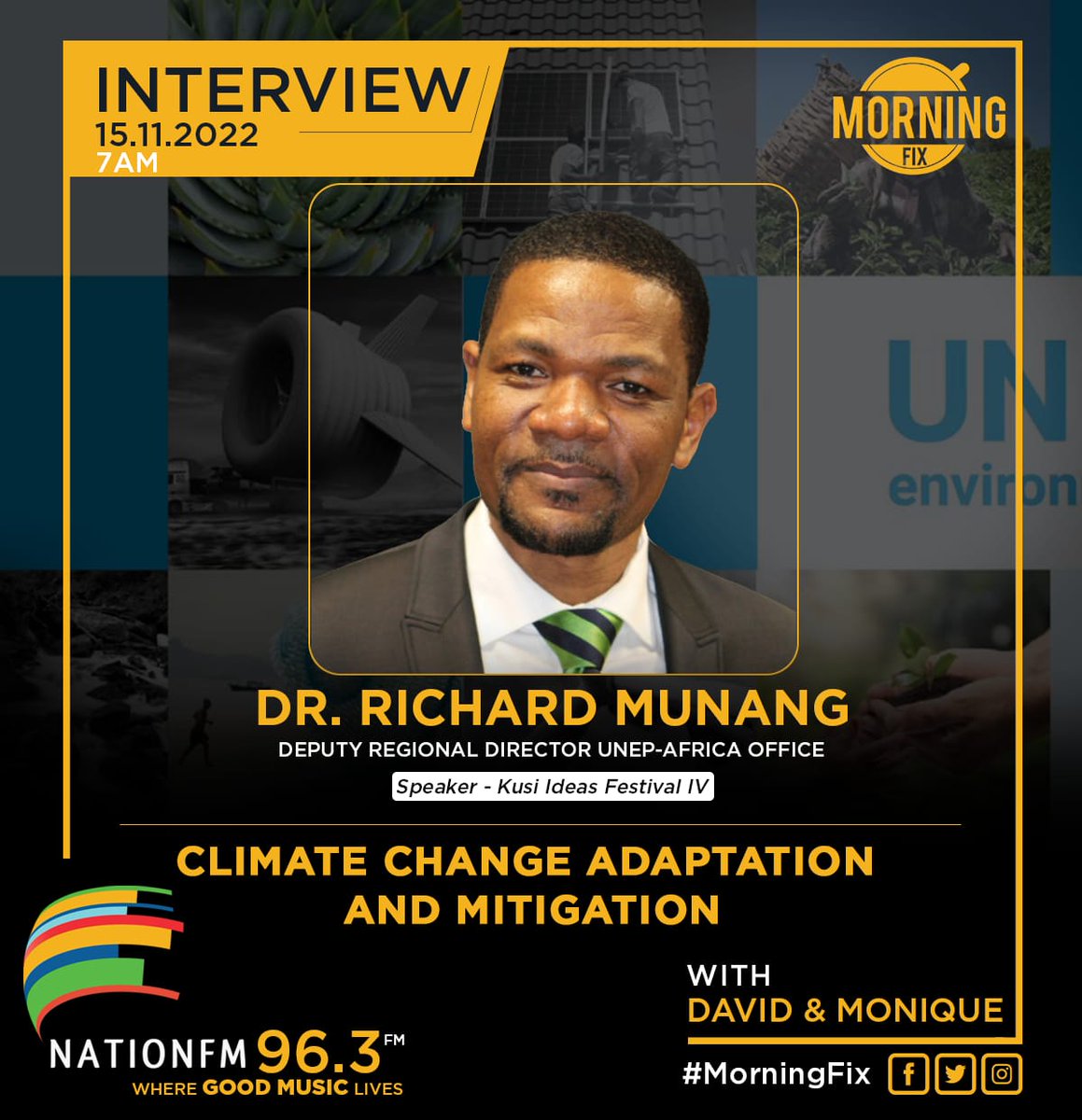 Dr <a href="/RichardMunang/">Dr. Richard Munang</a> will be live  tomorrow on the #MorningFix from 7am as <a href="/moniqueangelyn/">Monique Angelyn Bett</a> <a href="/kusiafrica/">Kusi Ideas Festival</a>.

Topic will be on Climate Change Adaptation and Mitigation.

You can Stream Live:
ntvkenya.co.ke/nationfm 

#KusiFest2022 #COP27 #ClimateAction