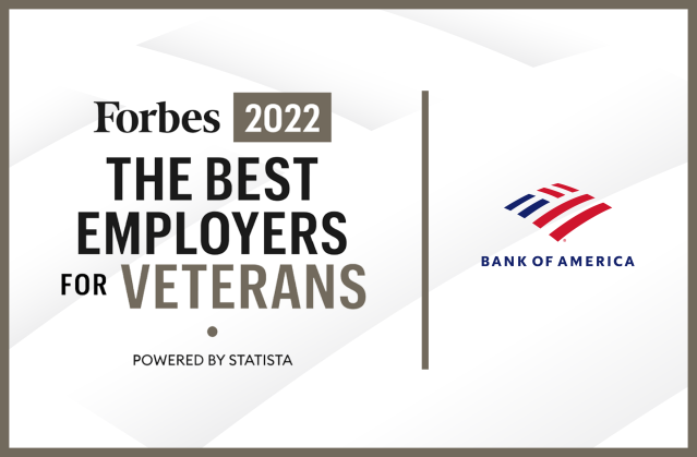 .<a href="/BofA_News/">Bank of America News</a> has been recognized by <a href="/Forbes/">Forbes</a> as one of America’s Best Employers for Veterans 2022! Working at a company that supports our veterans and all they’ve given to our country is something I’ll always value. #ForbesBestEmployers bit.ly/3Gx6uT9