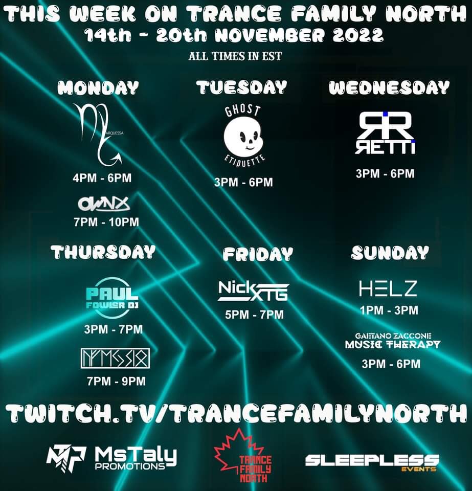 Absolutely thrilled to be back on the Trance Family North channel for a special guest mix. Tune in today - Monday 11/14 at 1pm PT | 4pm ET on Twitch! 💜💜💜

🚨Twitch.tv/TranceFamilyNo…🚨