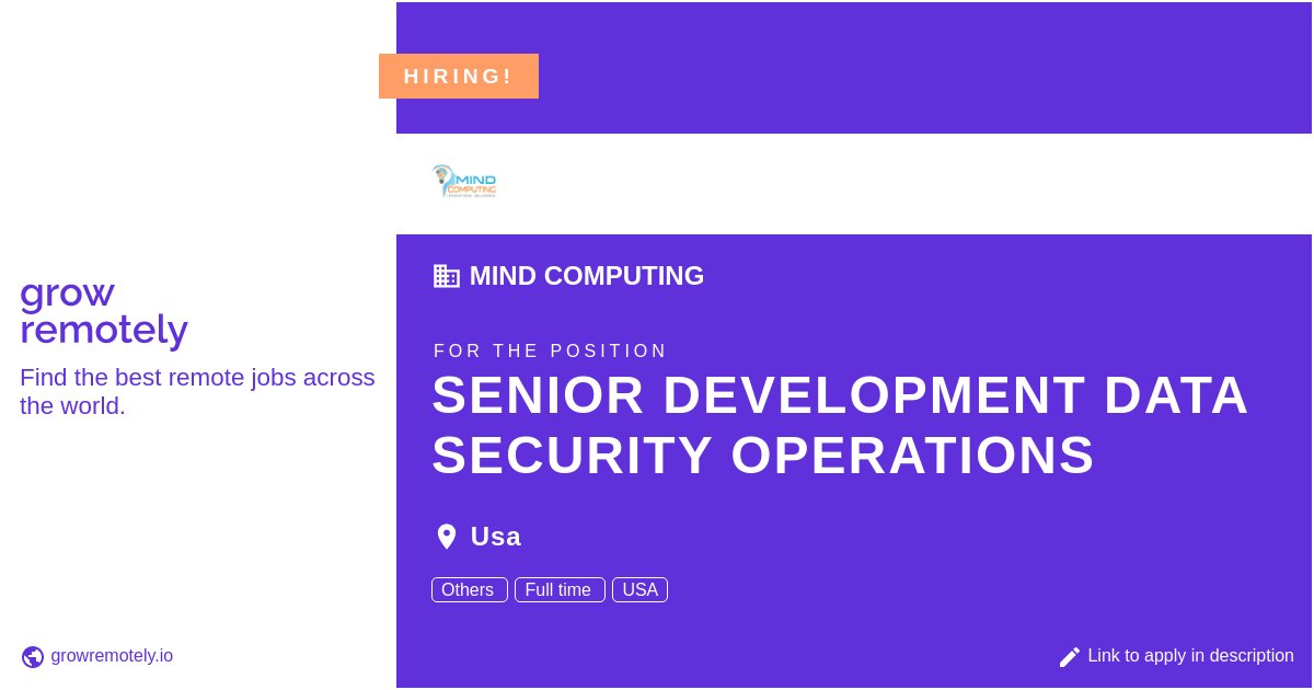 growremotelyio's tweet image. Check out this job at Mind Computing for the position Senior Development Data Security Operations.

 Apply link: growremotely.io/?id=637186dee9…

#hiring #remotejobs #MindComputing #Others
