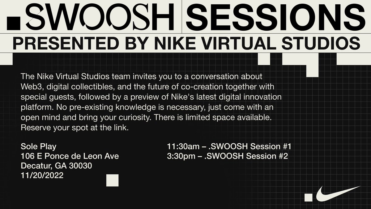 AtlantaChain's tweet photo. 🔥 @AtlantaChain partnered with #NikeVirtualStudios & @SolePlayATLANTA to discuss @Nike, #Web3 & their efforts to give ownership back to creatives.
🗣️ @marlonwilliams will be on stage for a convo about the future of co-creation.
🎟️ RSVP: https://t.co/vQM0s2jnY1
@StarterLabsHQ https://t.co/iUSn8WBpEH