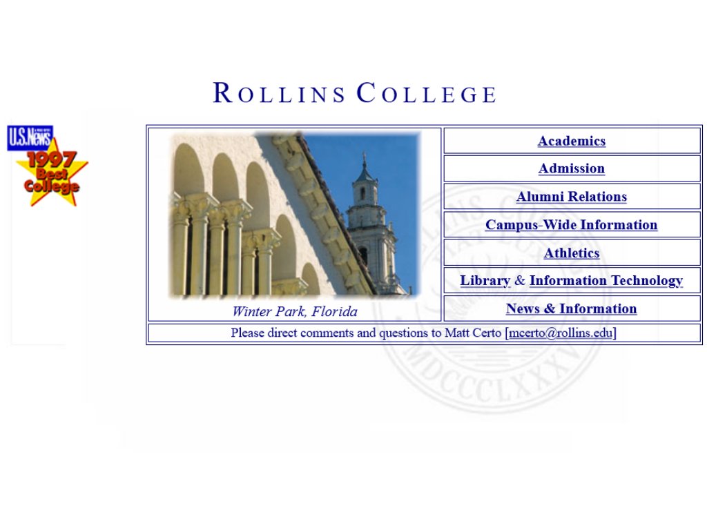 RollinsArchives's tweet photo. The first #RollinsCollege website was designed by @mcerto '98 in 1995! Pictured is the first capture of the site on @waybackmachine #OTD 1996. 
#RollinsHistory https://t.co/I0bFFMKVvn