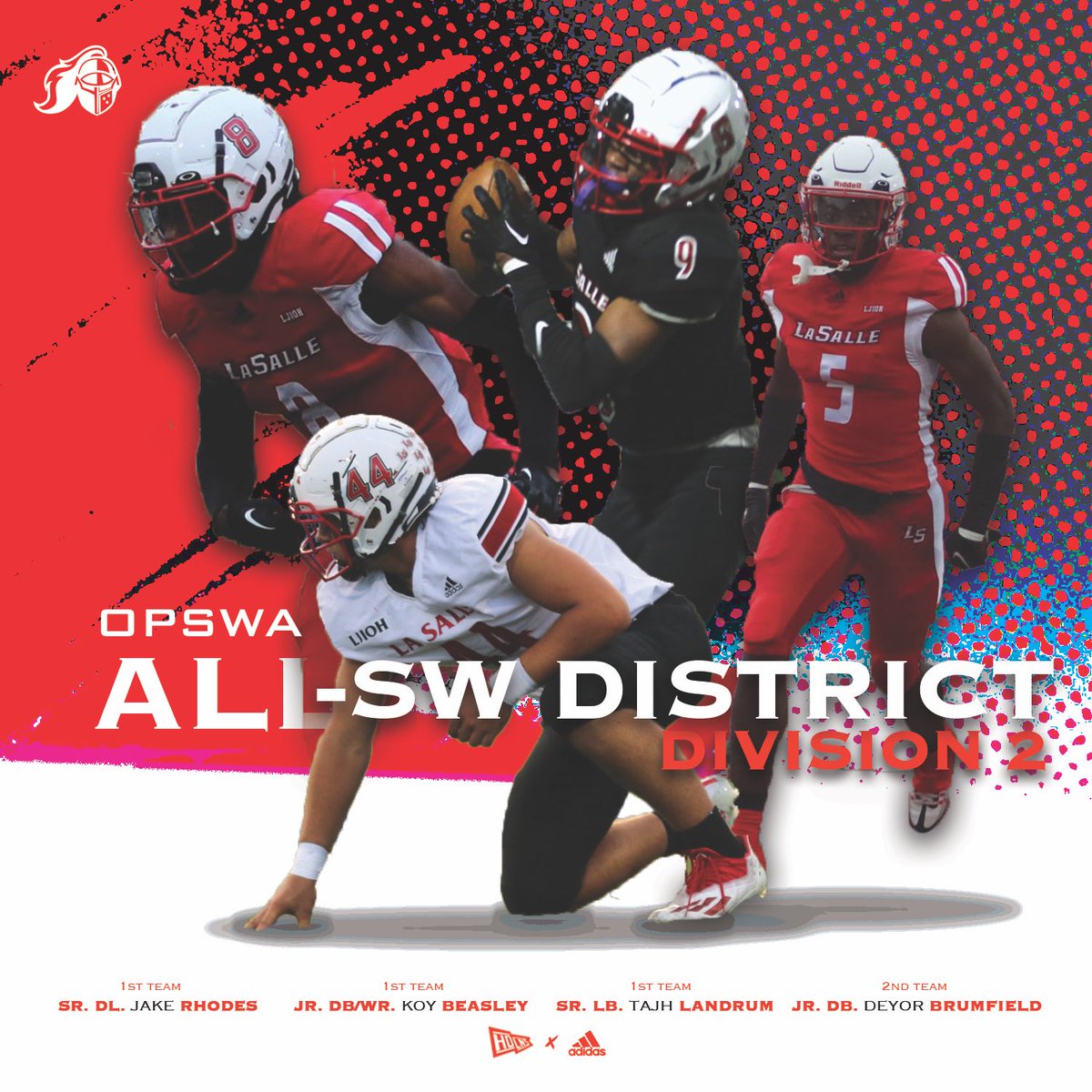 Congratulations to our Lancers selected to the OPSWA Division 2 All-Southwest District Teams. 
First Team: <a href="/Jrhodes2356/">Jake Rhodes</a> <a href="/KoyBeasley/">Koy Beasley ✞</a> @TajhLandrum 
Second Team: <a href="/deyorbrum/">DeYor Brumfield</a> 
#LRD

bit.ly/3g1SrKn