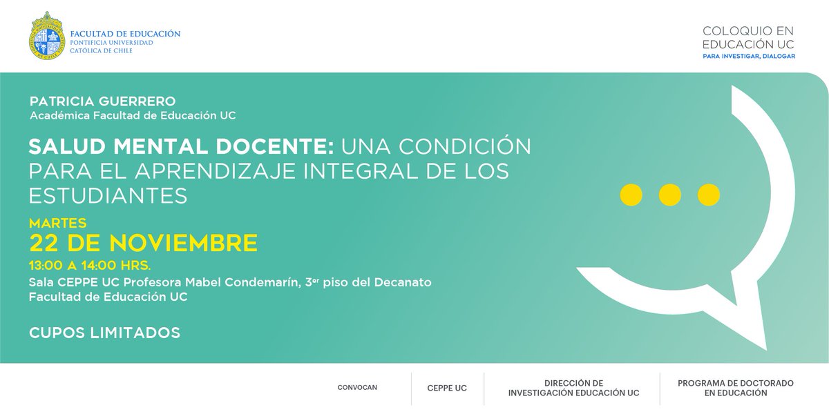 Fac_EducacionUC's tweet photo. ¡Inscríbete en nuestro último #Coloquio del año en #EducaciónUC!  "Salud mental docente: una condición para el aprendizaje integral de los estudiantes”, a cargo de la académica Patricia Guerrero. Cupos limitados 👉https://t.co/xYHTFSPCHr
📌 22 de noviembre, 13:00 hrs. https://t.co/XrWLtjDeUX