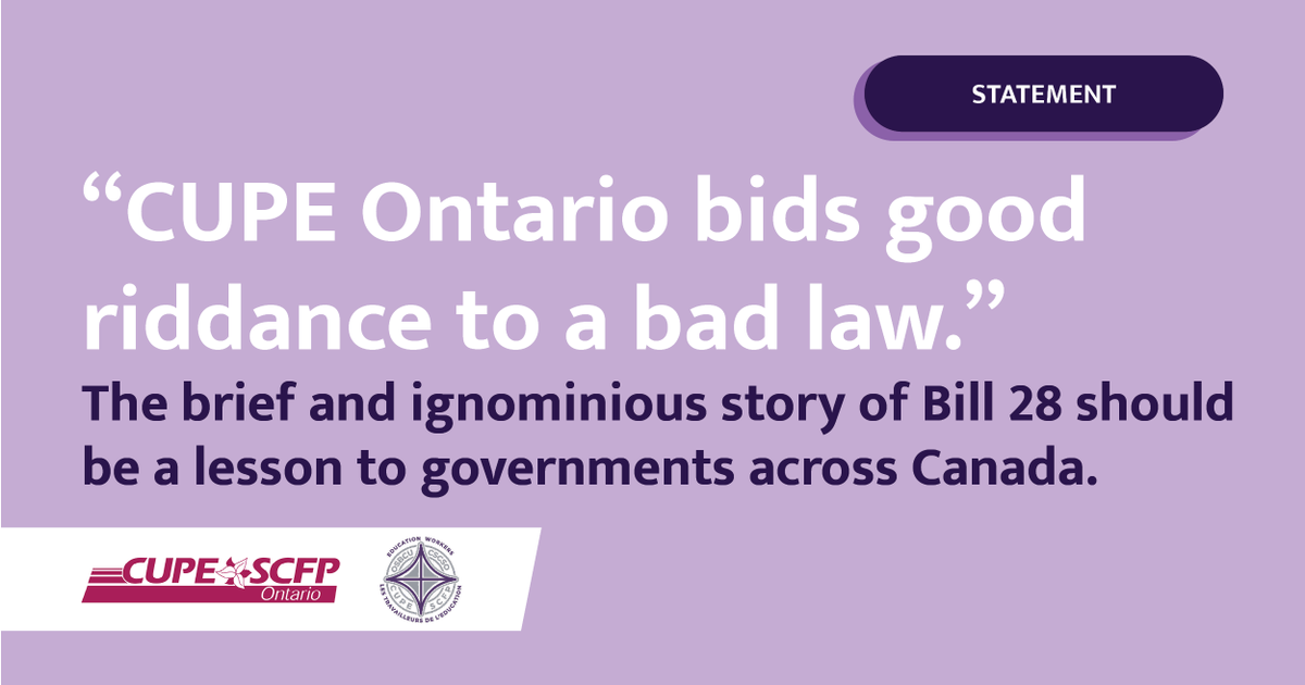 CUPEOntario's tweet photo. BILL 28 IS REPEALED!

But we still need a GOOD DEAL NOW. Send the Ford Conservatives a message at https://t.co/73UGT6FGnO 

Read the full statement here: https://t.co/d5EXbeiicu

#OnPoli #OntEd #39KIsNotEnough https://t.co/KLnTqdFcL1