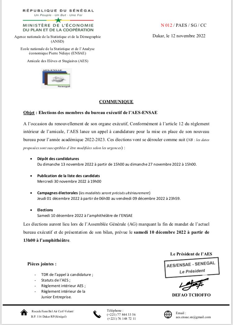 AesEnsae's tweet photo. Ci-dessous Le communiqué relatif à l'organisation des élections des nouveaux membres du Bureau Exécutif de l'AES. https://t.co/WC8h6wBOdD
