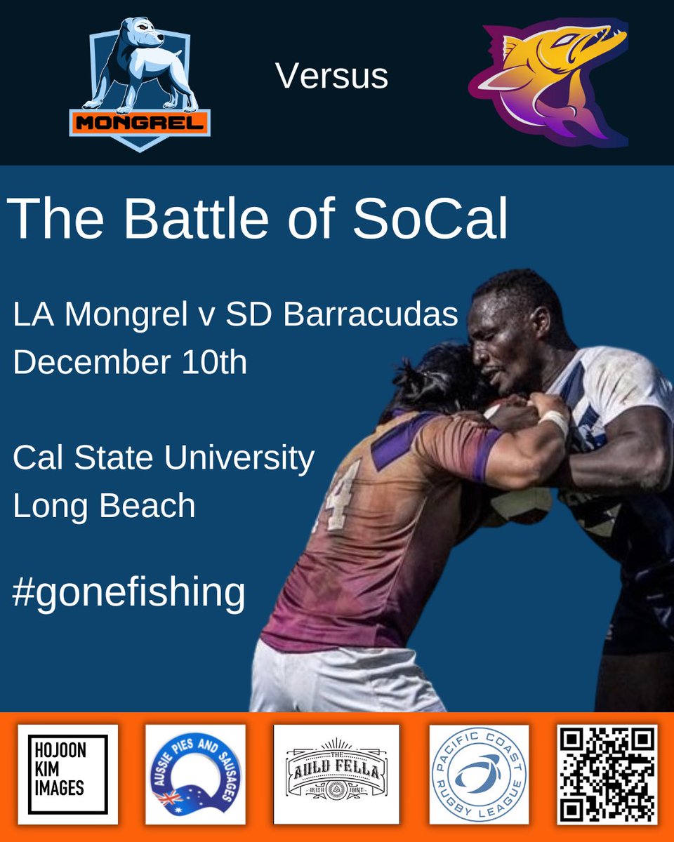 la_mongrel's tweet photo. Gone fishing!

Announcement:

IT IS TIME. The biggest rugby league rivalry in America returns this December, when @sd_barracudas take on the @la_mongrel for the Cooney-Calverley Cup in what will be the only 13-a-side rugby league game West of the Mississippi in 2022! https://t.co/VuQMmrEDbp
