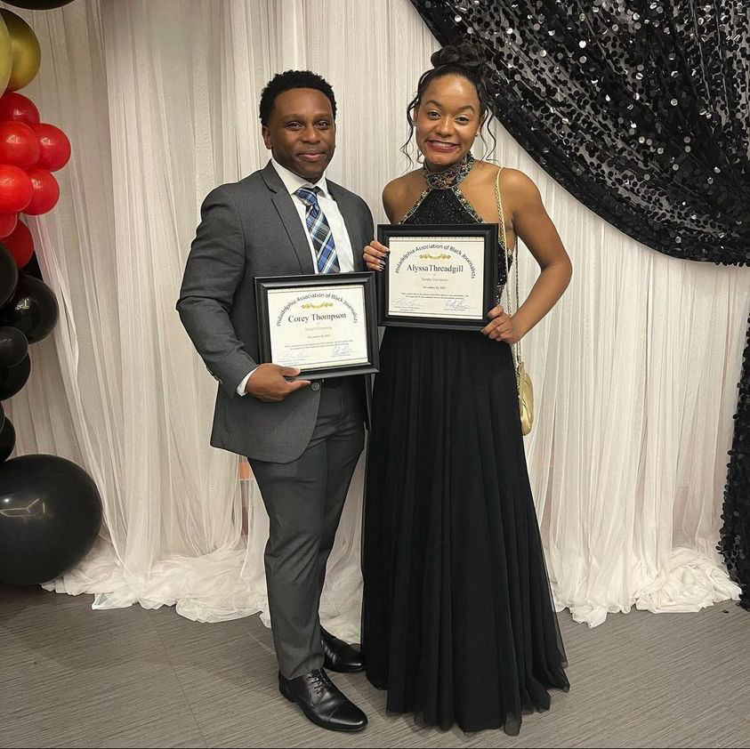 OwlsJournalism's tweet photo. Journalism students, Corey Thompson @coreythompsontv and Alyssa Threadgill @alyssaontv, were both honored with scholarships by the Philadelphia Association of Black Journalists @pabj this past weekend. Congratulations to you both on your hard work and excellence! 🎉🦉🍒 https://t.co/PhNvRSUyiN