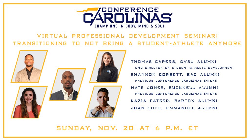 ConfCarolinas's tweet photo. Are you a student-athlete? Ever wondered what you will do when your playing days are over?

Hear from former student-athletes on how to transition to life after college athletics! Sign-up ⤵️

🔗: https://t.co/OHcvCQhRxG
#LeadingTheWay | #BodyMindSoul https://t.co/YnbPHE8wXp