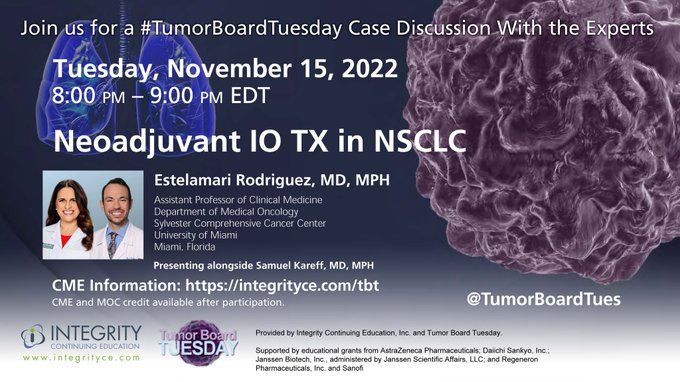 Please join <a href="/Latinamd/">Dr. Estela Rodriguez</a> and me tomorrow at 8PM EST for a whirlwind tour of ✂️neoadjuvant⚕️ IO therapy for resectable NSCLC! 🫁

Delighted to contribute to #LCAM22 with this special <a href="/TumorBoardTues/">#TumorBoardTuesday</a> 💊🧬