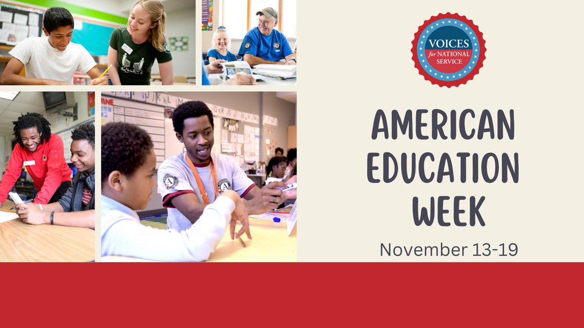 Voices4Service's tweet photo. This #AmericanEducationWeek, we are celebrating all of the individuals who serve in schools to support our children - including teachers, school support staff, and @AmeriCorps members. Thank you for your commitment to the next generation! #Stand4Service #GetThingsDone https://t.co/9QPBOR4QMy