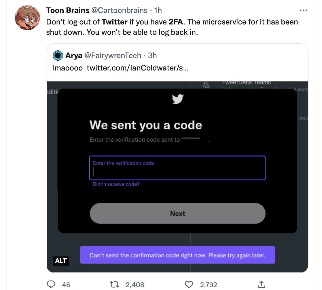 Alright, so it looks like 2fa has been shut down. Making some backup codes, but if I get logged out, I may not be able to get back in. Will be posting a How To Reach Me stub and pinning it shortly. This is crazy.