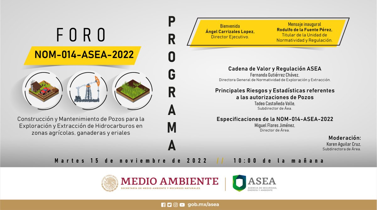 agencia_asea's tweet photo. Estamos por comenzar el Foro sobre la Norma de Construcción y Mantenimiento de #Pozos en zonas agrícolas, ganaderas y eriales. #NOM014.
Únete al #ForoASEA y envía tus preguntas para que nuestros especialistas te respondan durante la transmisión en vivo.
https://t.co/4cAq8WR6lp https://t.co/MIMkJpl7pY
