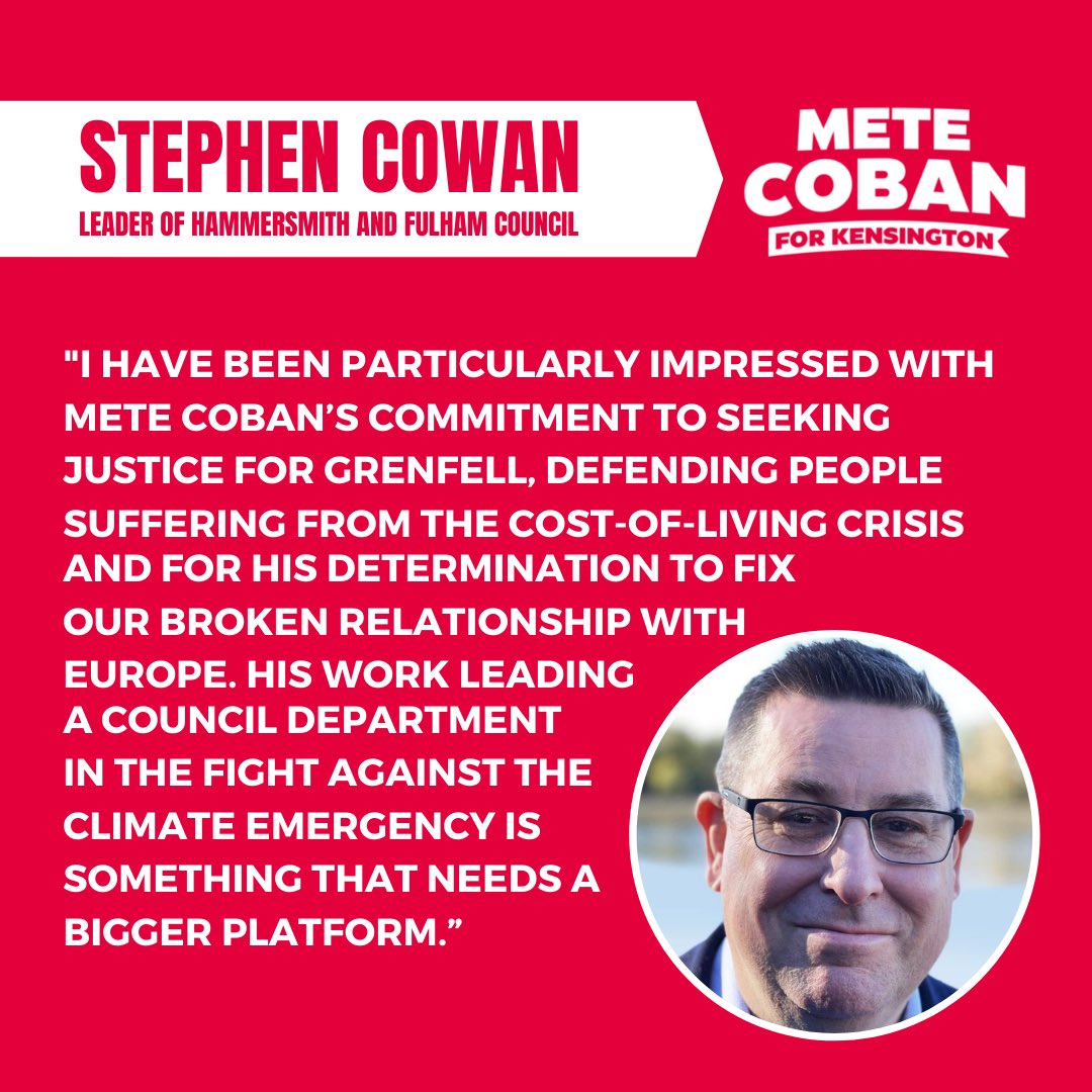 I’m proud to have the support of @StephenCowan to be Kensington’s next Labour MP. Stephen is a formidable leader in London Labour and has shown what a Labour Council can do to transform lives. Join our winning team metecoban.com