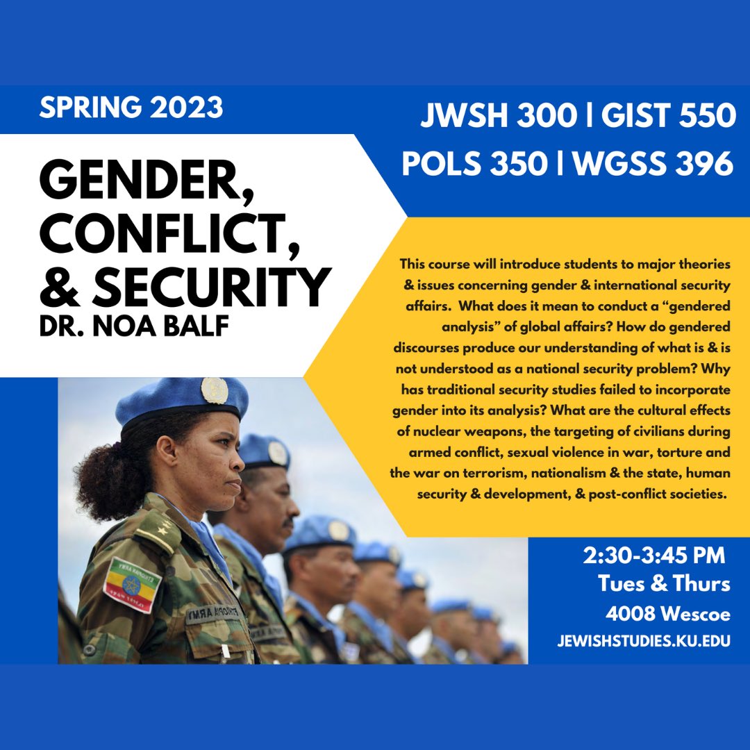 KU Jewish Studies (@kujewishstudies) on Twitter photo New course! Dr. Noa Balf, Israel Institute Fellow and Jewish Studies faculty will be teaching Gender, Conflict, and Security this Spring. Don't miss out! <a href="/kuglobal/">KU Center for Global & International Studies</a> <a href="/KUPoliticalSci/">KU Political Science</a> KU WGSS New course! Dr. Noa Balf, Israel Institute Fellow and Jewish Studies faculty will be teaching Gender, Conflict, and Security this Spring. Don't miss out! <a href="/kuglobal/">KU Center for Global & International Studies</a> <a href="/KUPoliticalSci/">KU Political Science</a> KU WGSS