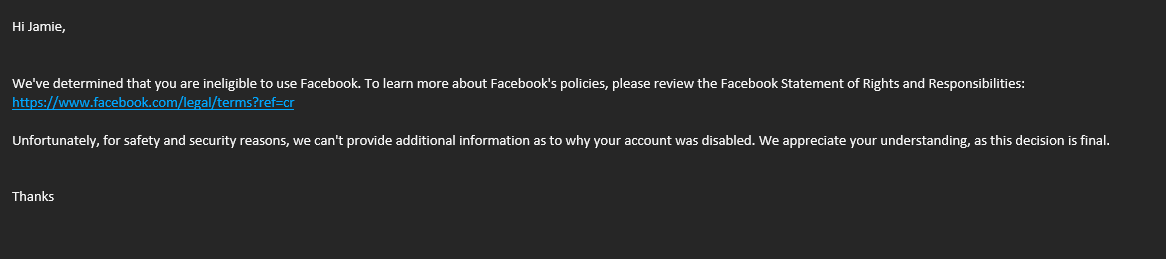 Vex338's tweet photo. so @facebook @FacebookGaming @fbsecurity apparently someone that has used your services for 10+ years you deem to now be ineligible to use Facebook - explain.... i haven't breached ANY of your TOS and TOC 

@Daily_Record @TheSun @DailyMailUK https://t.co/pWAR2NRaE2