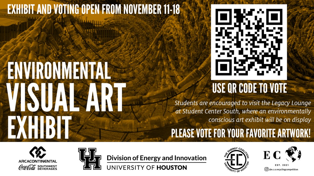 Don't forget to stop by the Legacy Lounge at @UHStudentCenter and check out an environmental art exhibit featuring your fellow Coogs' sustainable works! The contest ends Nov. 18, so vote for your favorite!