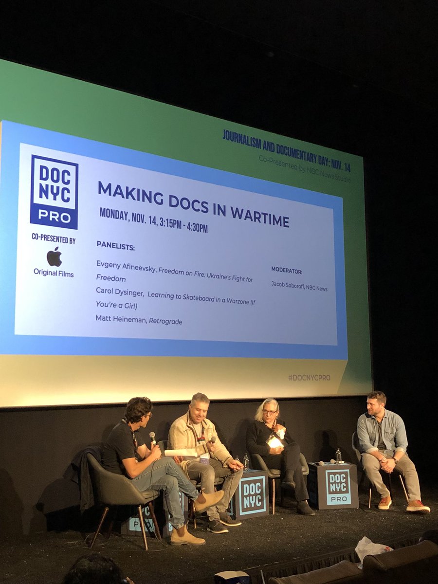Our last panel of the day, “Making Docs in Wartime” starts now! Thanks @evgeny_director, Carol Dysinger, @MattHeineman and @jacobsoboroff for leading the conversation.