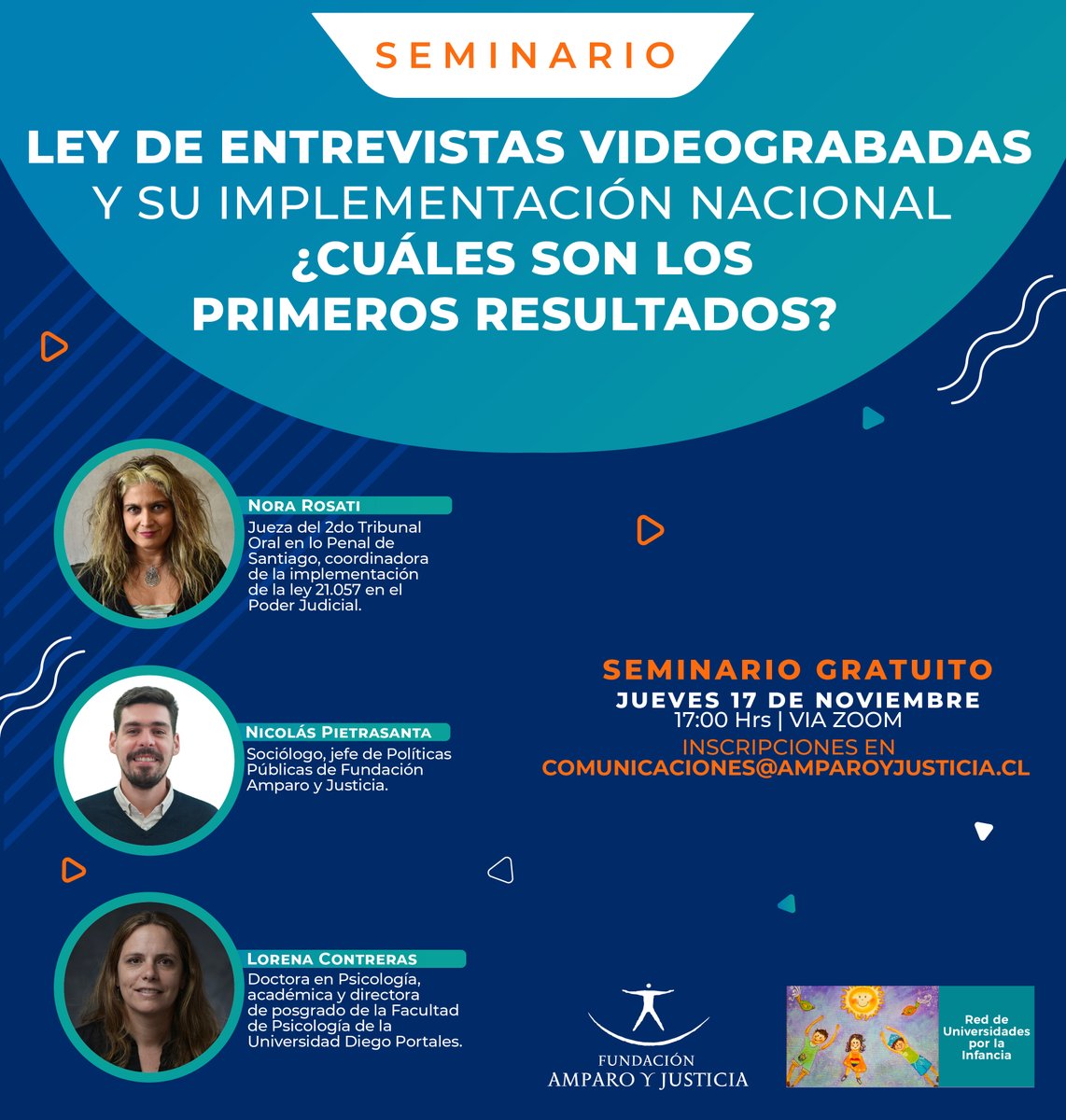 Junto a la Red de Universidades por la Infancia <a href="/rupichile/">Rupi</a> invitamos al #seminario online "Ley de Entrevistas Videograbadas y su implementación nacional ¿cuáles son los primeros resultados?" que se realizará este jueves a las 17:00Hrs
¡Esperamos contar con tu presencia!