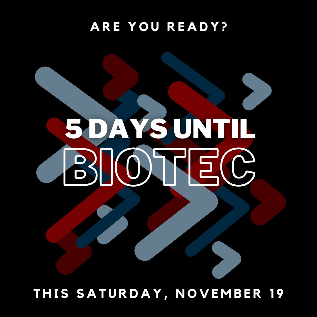 thisisbiotec's tweet photo. Only 5 days left until the BioTEC conference! Stay tuned for in-person acceptance emails being released tonight and tomorrow 💻Virtual sign-ups are still open! 

📅 Nov 19 (9 am - 7 pm ET)
📝 Register to attend virtually at: https://t.co/rcaMJEYRjK https://t.co/x0w9sirFlP