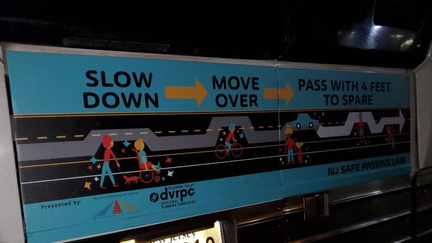 ChesCoCommuter's tweet photo. RT DVRPC: RT @Tri_State: 👀Sneak peek! New NJ Safe Passing Law- Who Dis? ⚠️Remember to slow down, move over, and pass people with 4 feet to spare. Coming soon to a @NJTRANSIT bus near you #SafePass4NJ #NJSafePassingLaw #SafePass #BikeWalkNJ #SafeStree… https://t.co/6X0yNyNR8q