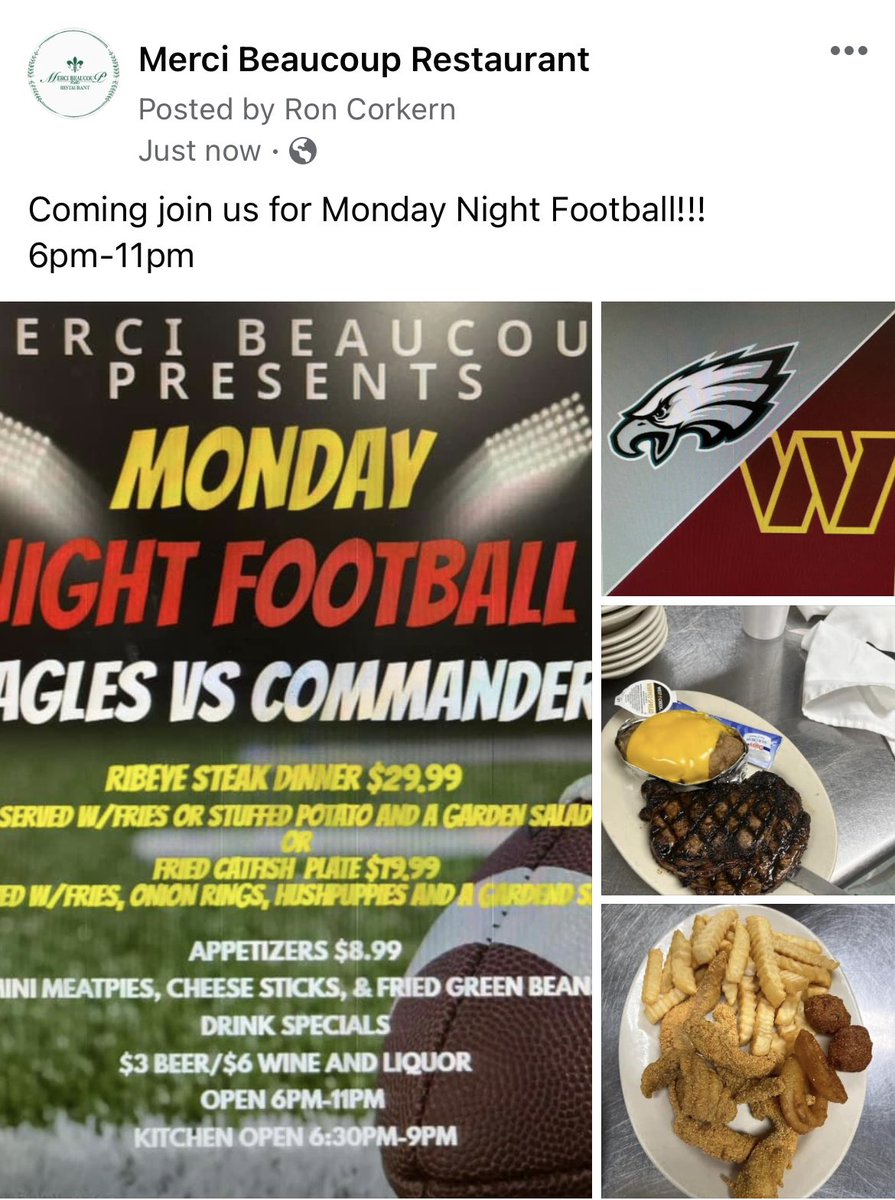 MerciBeaucoupLa's tweet photo. Come join us for Monday night football!!!!! https://t.co/NjlgTlwTrN