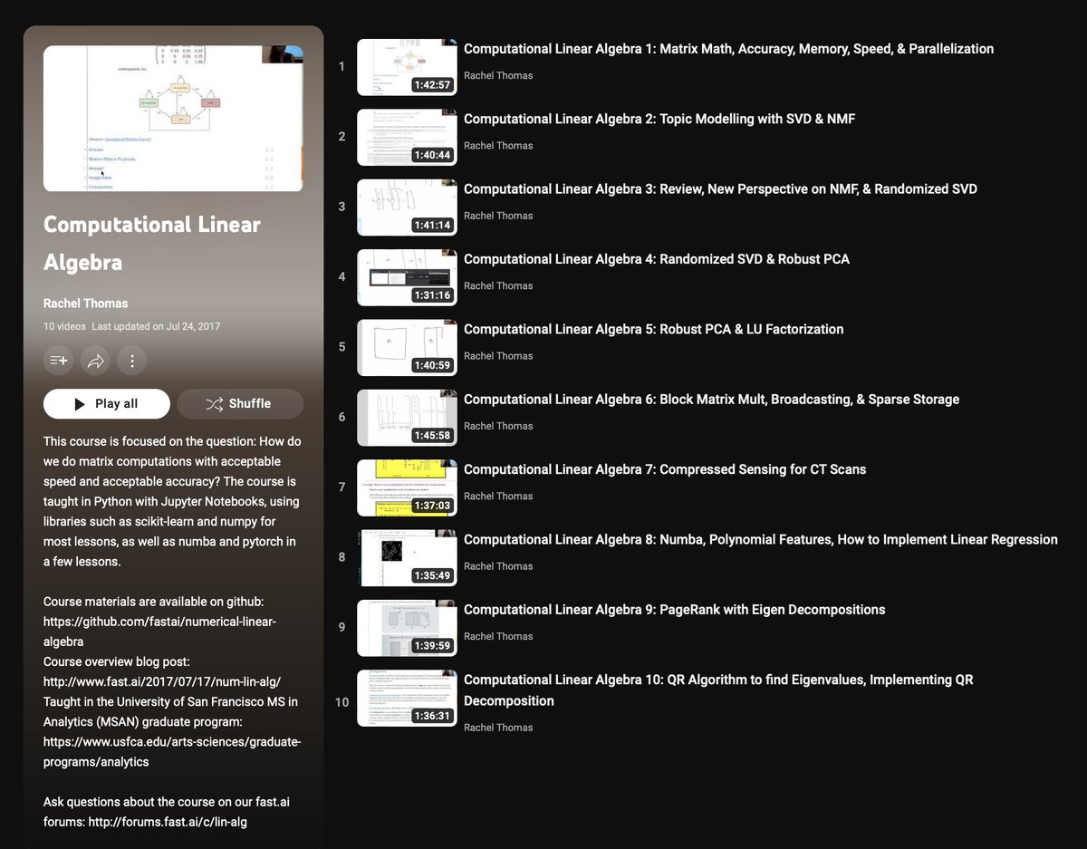 Jeande_d's tweet image. Computational Linear Algebra for Coders - FAST DOT AI

A great maths course taught with  &quot;top-down approach&quot;, much like Practical DL for Coders. Taught in Python, uses basic libraries(NumPy, Scikit-Learn) &amp;amp; PyTorch.

Videos: youtube.com/playlist?list=…

Code: github.com/fastai/numeric…