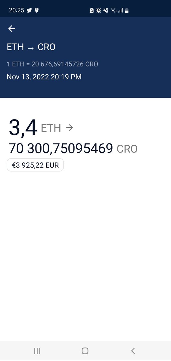 For those who say that the screenshot of my previous tweet of  is fake, here is the purchase detail i sold ethereum to buy cro.
I don't make false support for <a href="/cryptocom/">Crypto.com</a>, If you want to make support  be genuine!!  Retweet if you agree. #FFTB    #CRO    #CROfam  <a href="/kris/">Kris | Crypto.com</a> 🙏