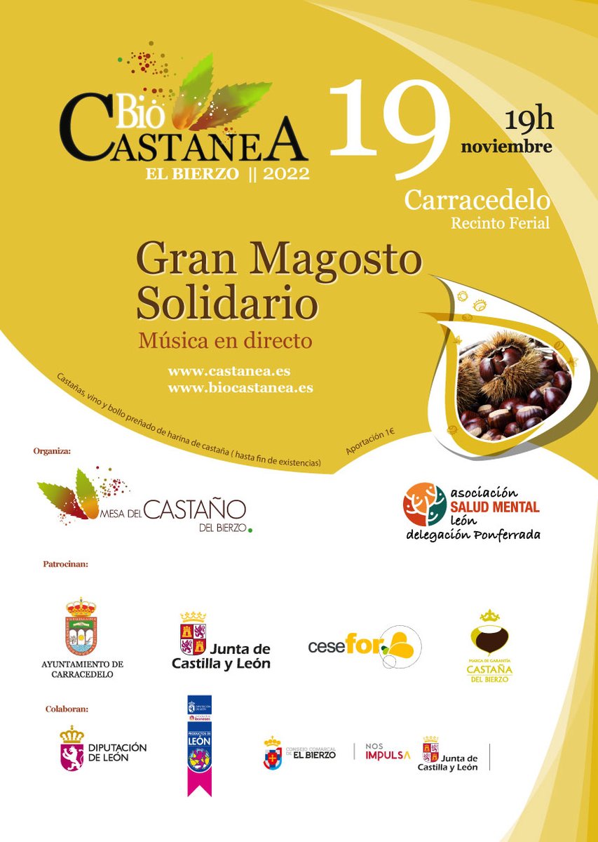 Y recuerda, si te gustan los magostos y eres #solidario,  el sábado tienes una cita en <a href="/BioCastanea/">Biocastanea 2025</a> 
🗺️ Recinto Ferial de #Carracedelo, Autovía A6, km 399.
⌛19:00h 
1€ en beneficio de <a href="/saludmentalleon/">Asociación Salud Mental León</a> #Ponferrada 
#castañas con bollo preñao con harina de castaña, vino y agua.