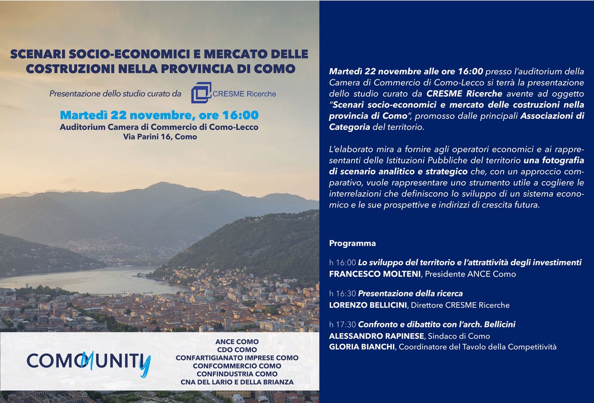 Scenari socio-economici e mercato delle costruzioni nella provincia di Como
Mercoledì 22 novembre ore 16… #savethedate
