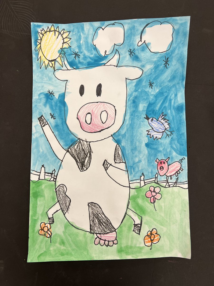 MrsSims7's tweet image. Some of my favorite projects! First grade Dancing Cows and Kindergarten Rainbow Self Portraits! @RiverRidgeElem