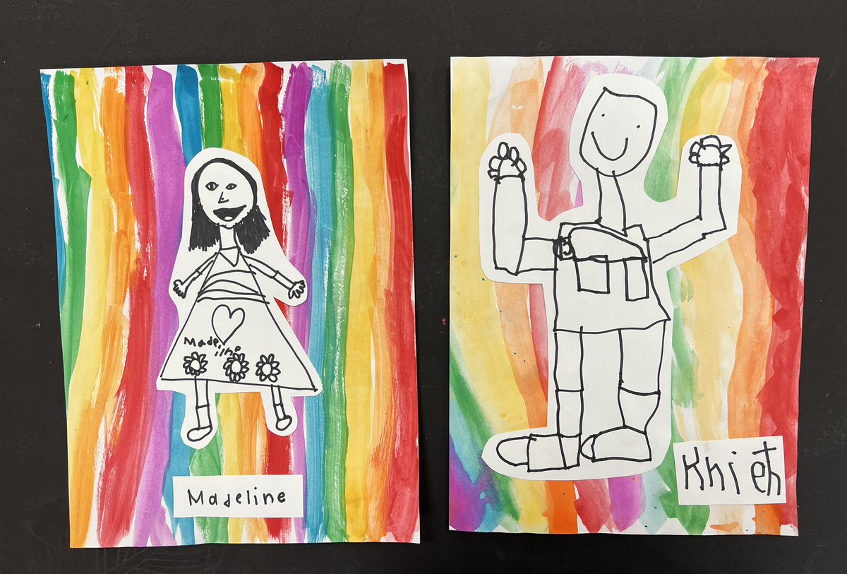 MrsSims7's tweet image. Some of my favorite projects! First grade Dancing Cows and Kindergarten Rainbow Self Portraits! @RiverRidgeElem