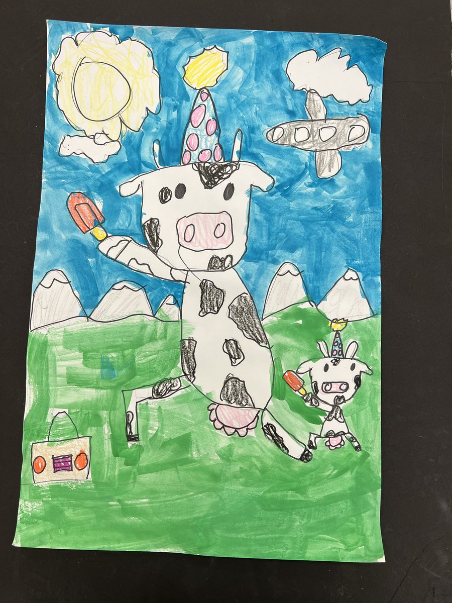 MrsSims7's tweet image. Some of my favorite projects! First grade Dancing Cows and Kindergarten Rainbow Self Portraits! @RiverRidgeElem