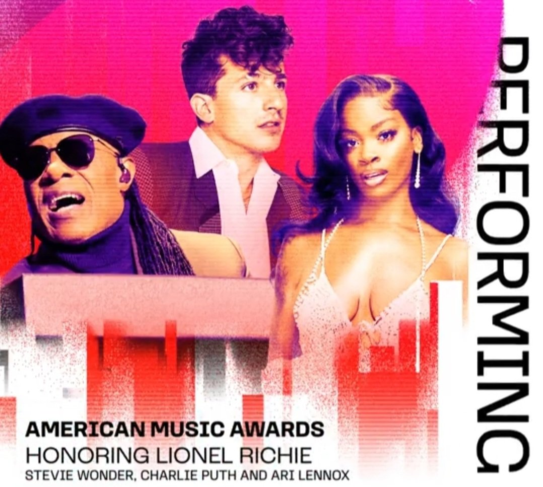 PuthConcerts's tweet image. Charlie Puth, Stevie Wonder and Ari Lennox will take the stage at the American Music Awards to honor Lionel Richie. They will perform a medley of his hit songs! 
Set your recording so you dont miss out! 
SUNDAY at 8/7c on on ABC!   
#charlieputh @charlieputh