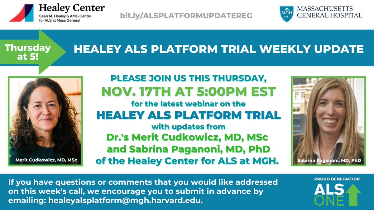 alsone_official's tweet image. This Thurs 11/17 @ 5pm EST, join us for the latest updates on the Healey #ALSPlatformTrial. Hosts &amp;amp; lead Trial investigators, Dr.'s @MeritCudkowicz &amp;amp; @PaganoniMDPhD of @MGHNeurology will give updates and answer Q's. #FreeReg @ bit.ly/ALSPLATFORMUPD…
#ALS #EndALS #HealeyHope
