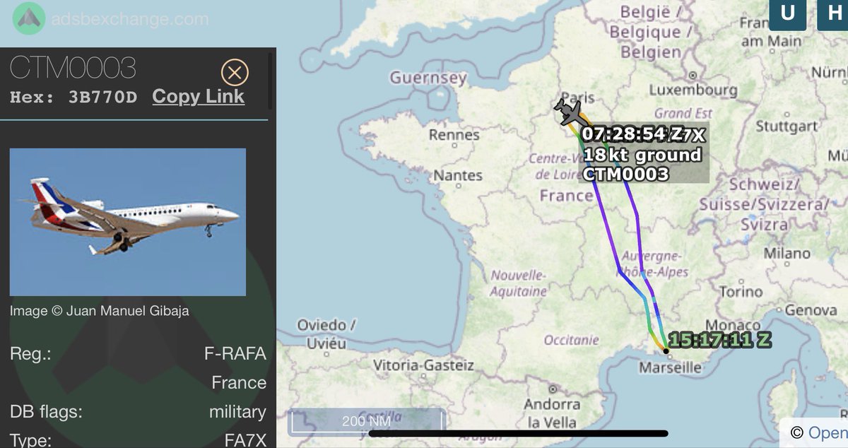 🛩️ Falcon F-RAFA 🇫🇷 

« En visite à Marseille ce lundi 14 novembre, <a href="/Elisabeth_Borne/">Élisabeth BORNE</a> la Première ministre a annoncé que la région Paca devenait région pilote dans le cadre d'un protocole d'expérimentation de la planification écologique  »

<a href="/ADSBexchange/">ADS-B Exchange</a> - bit.ly/3EFPqZP