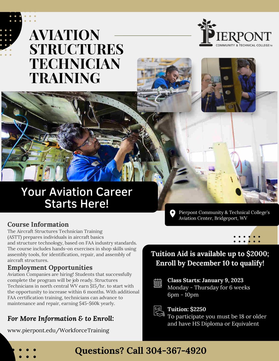 ramir_luis's tweet photo. A new Aircraft Structures Technician Training (ASTT) class is starting January 9, 2023, with a deadline to enroll December 10, 2022.
#yeswv #ASTT #careers #aviation #development #training https://t.co/sG3Tx7WJ4D