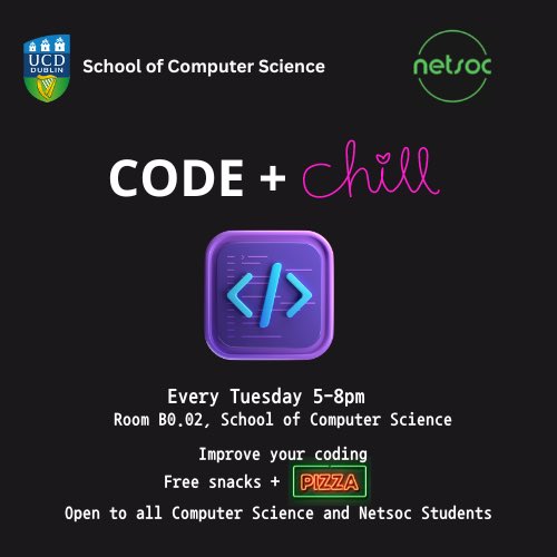 UCDNetsoc's tweet image. 🍕NEW WEEKLY EVENT🍕

We now have a weekly study sesh on Tuesdays!

👉Open to all Netsoc Members and Computer Science students👈

Starting Tuesday 15th Nov, 5 PM - 8 PM Irish Time,
B0.02 Computer Science Building