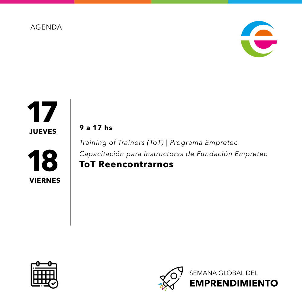 empretecarg's tweet photo. 🚀 ¡Le damos la bienvenida a la #SemanaGlobalDelEmprendimiento 2022!
📅 Conocé la agenda de actividades de @empretecarg para esta semana: capacitaciones y programas de formación en articulación con instituciones, la final del #Concurso40 @RedADIMRA y mucho más https://t.co/WQrrdc6pv4