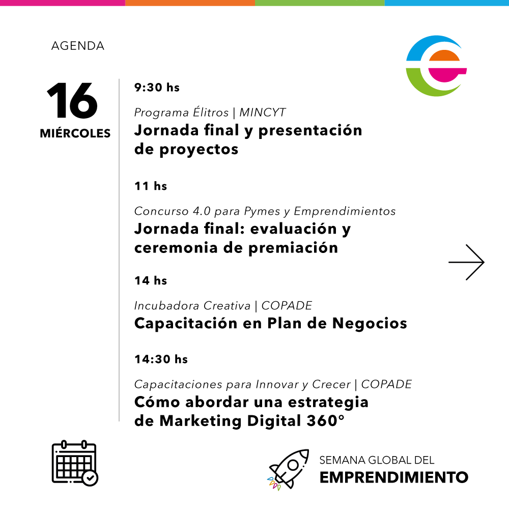 empretecarg's tweet photo. 🚀 ¡Le damos la bienvenida a la #SemanaGlobalDelEmprendimiento 2022!
📅 Conocé la agenda de actividades de @empretecarg para esta semana: capacitaciones y programas de formación en articulación con instituciones, la final del #Concurso40 @RedADIMRA y mucho más https://t.co/WQrrdc6pv4