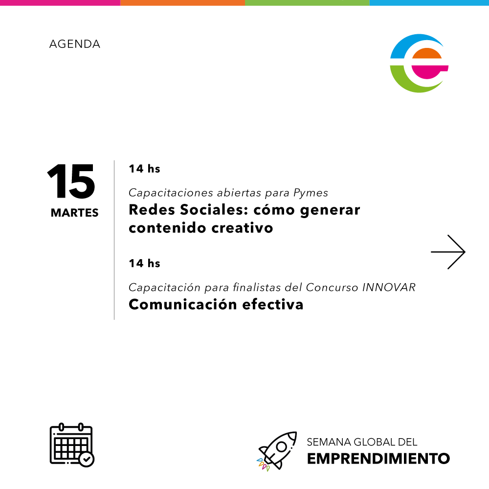 empretecarg's tweet photo. 🚀 ¡Le damos la bienvenida a la #SemanaGlobalDelEmprendimiento 2022!
📅 Conocé la agenda de actividades de @empretecarg para esta semana: capacitaciones y programas de formación en articulación con instituciones, la final del #Concurso40 @RedADIMRA y mucho más https://t.co/WQrrdc6pv4