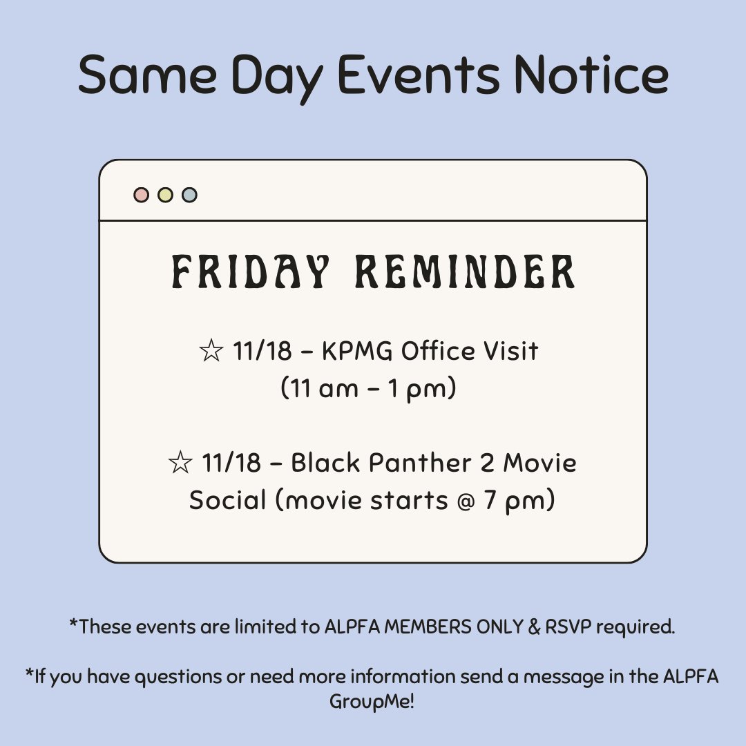 ALPFA_UNT's tweet photo. Important notice!! This Friday we will be visiting the KPMG Dallas office around midday AND in the evening we will grab some ice cream and watch the new Black Panther movie!! We cant wait to have a fun day with everyone!! https://t.co/VxppFF8eWP