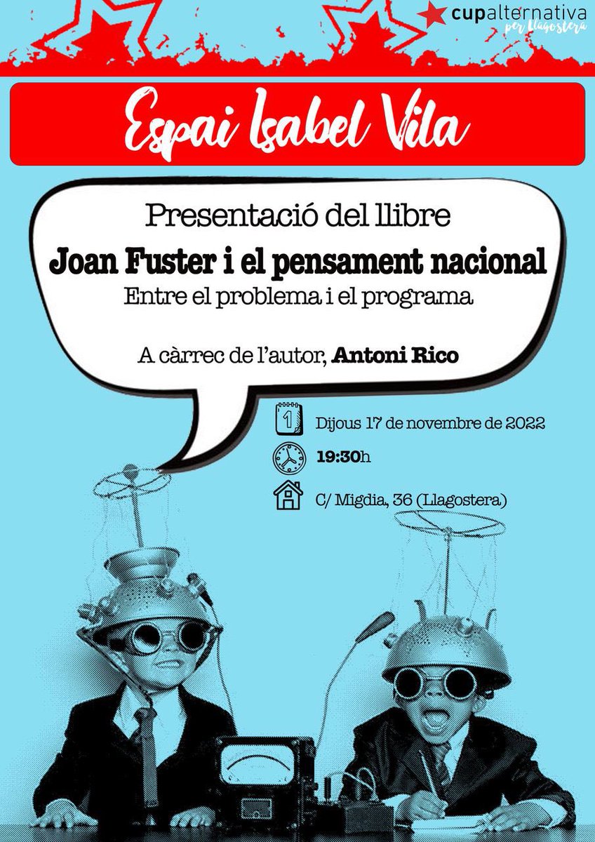 marc_elpoll's tweet photo. 📣Toni Rico, historiador valencià especialista en l'estudi del pensament fusterià serà a #Llagostera per presentar el seu llibre "Joan Fuster i el pensament nacional.

🗓 Dijous, 17 de novembre
⏰ 19.30h
📍Espai Isabel Vila @cupalternativa https://t.co/lxCB3ojwmp