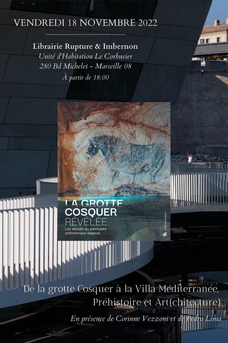Rdv ce vendredi 18 novembre à 18h à la librairie <a href="/ImbernonI/">Librairie Rupture & Imbernon</a>, à la cité Radieuse <a href="/marseille/">Ville de Marseille</a>, pour une rencontre avec l’architecte <a href="/CorinneVezzoni/">Corinne Vezzoni et Associés</a> sur la <a href="/grotte_cosquer/">Cosquer Méditerranée</a>, entre art, préhistoire et architecture.🐧