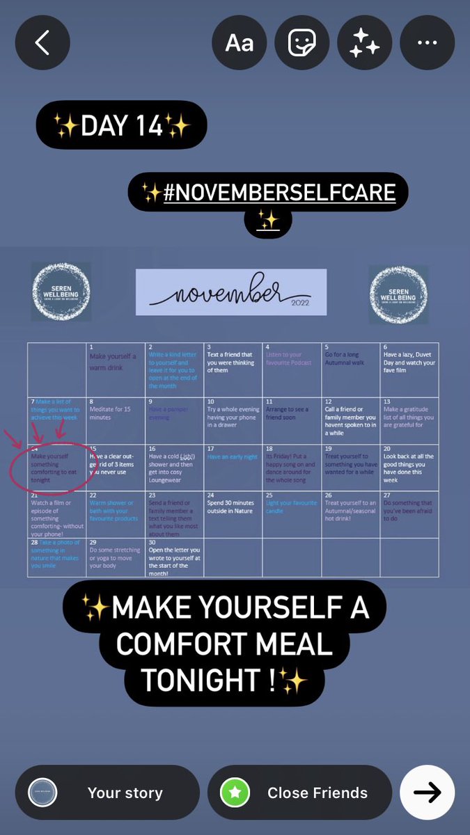 ✨Day 14- make yourself something comforting to eat this evening✨
✨what is your go to comfort food?✨
#selfcare #selfcarechallenge #novemberselfcare #comfortfood #november #wellness #wellbeing