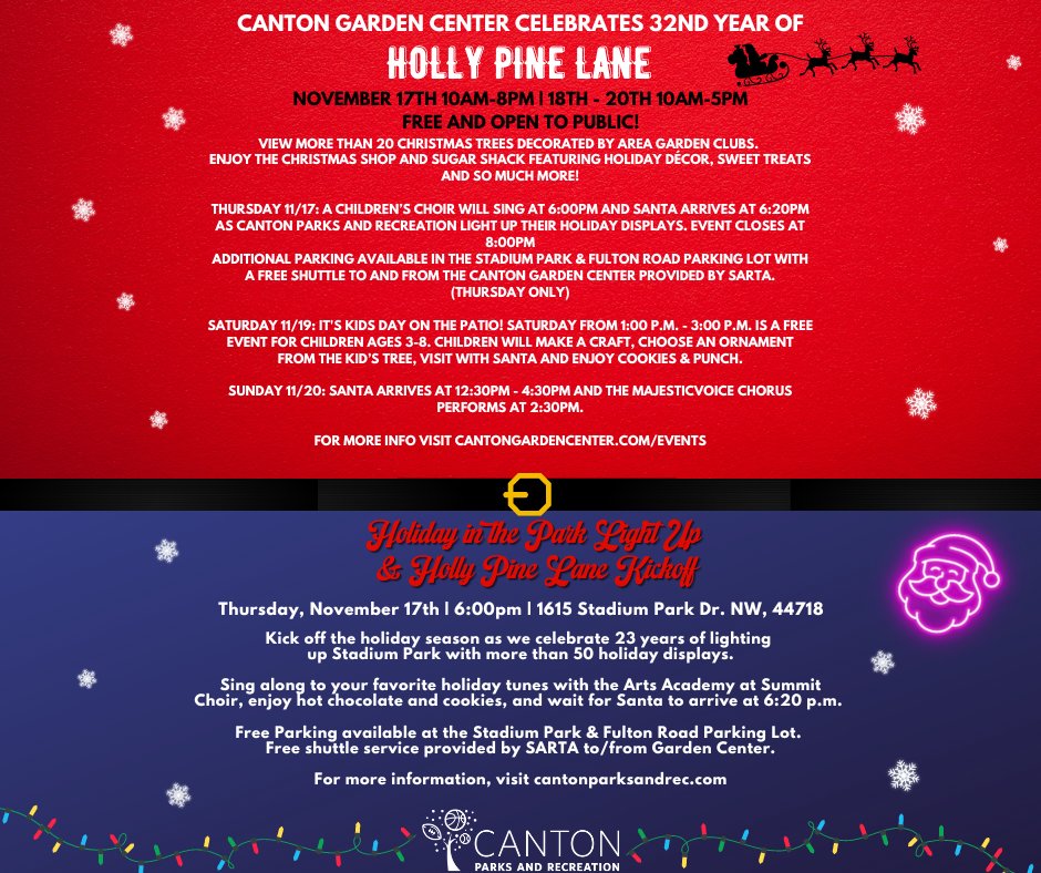 Holly Pine Lane is only two days away.  View over 20 Christmas🎄trees decorated by area garden clubs and🎅Santa will make a few guest appearances!  For more information go to cantongardencenter.com/holly-pine-lan….