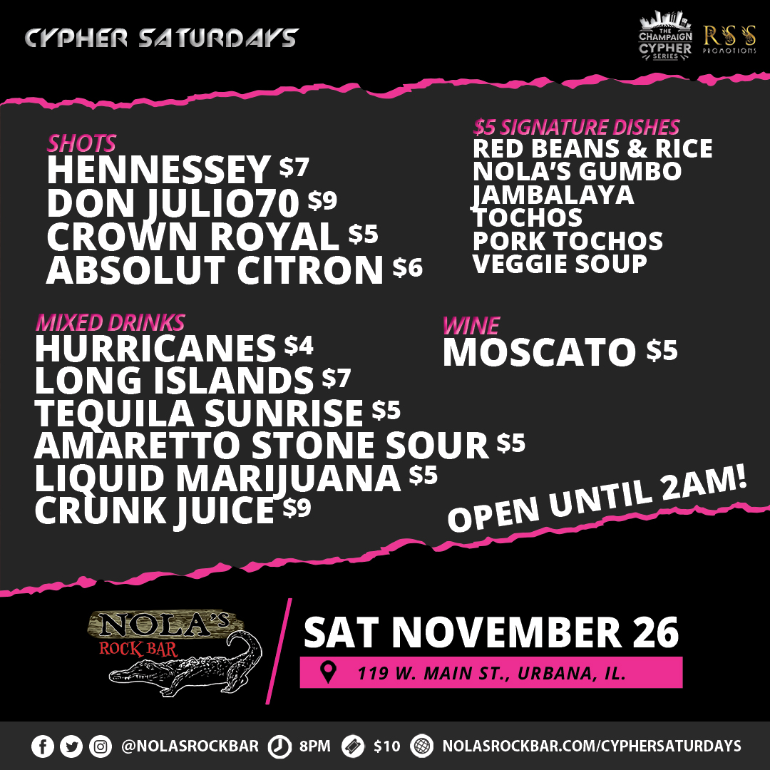 🐊🔥 Cypher Saturdays is back in action on 11/26. An extra stacked lineup feat. 19 scheduled performances, cypher, plus late-night option with beats by Dj Slim. Food, drink and music until 2am. We'll CU there! 

➡ nolasrockbar.com/cyphersaturday…