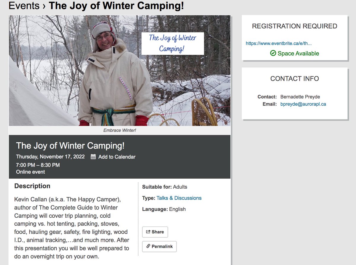 Good news. <a href="/KCHappyCamper/">The Happy Camper</a> is giving an on-line presentation this Thursday evening - Nov 17th. - for the @APLtweets Ontario on Winter Camping. Yep, the season is awaiting us. Yay! Make sure to register.
<a href="/AdventureMed/">Adventure Medical</a> 
<a href="/algonquinoutfit/">Algonquin Outfitters</a>
