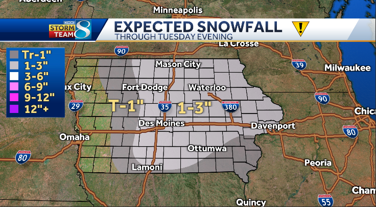 ⚠️Weather Aware tomorrow for some light snow. Most see an inch or two...a few could see 3 or 4". Not much snow across western Iowa. First snow of season always slows down the drive to work or school. #iawx