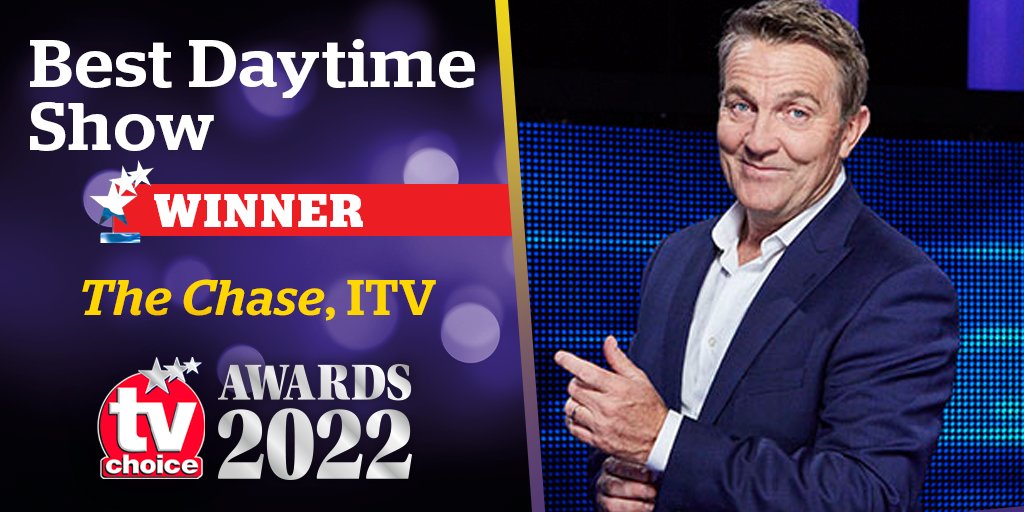 TVChoice's tweet photo. And we’re off! 
The award for BEST DAYTIME SHOW at the 2022 #tvchoiceawards goes to @ITVChase 
#BradleyWalsh @anne_hegerty @MarkLabbett @TheShaunWallace @paulsinha @jenlion @bones_giles @ITV #TheChase https://t.co/SH1SIkOSFx